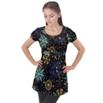 Gold Teal Snowflakes Gold Abstract Christmas Puff Sleeve Tunic Top