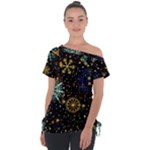 Gold Teal Snowflakes Gold Abstract Christmas Off Shoulder Tie-Up T-Shirt