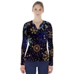 Gold Teal Snowflakes Gold Abstract Christmas V-Neck Long Sleeve Top