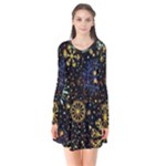 Gold Teal Snowflakes Gold Abstract Christmas Long Sleeve V-neck Flare Dress