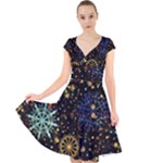 Gold Teal Snowflakes Gold Abstract Christmas Cap Sleeve Front Wrap Midi Dress