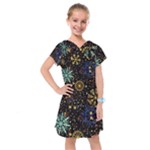 Gold Teal Snowflakes Gold Abstract Christmas Kids  Drop Waist Dress