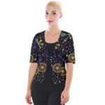 Gold Teal Snowflakes Gold Abstract Christmas Cropped Button Cardigan