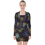 Gold Teal Snowflakes Gold Abstract Christmas V-neck Bodycon Long Sleeve Dress