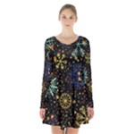 Gold Teal Snowflakes Gold Abstract Christmas Long Sleeve Velvet V-neck Dress