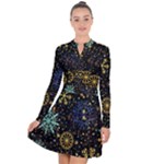 Gold Teal Snowflakes Gold Abstract Christmas Long Sleeve Panel Dress