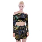 Gold Teal Snowflakes Gold Abstract Christmas Off Shoulder Top with Mini Skirt Set