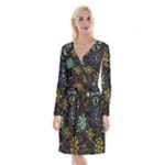 Gold Teal Snowflakes Gold Abstract Christmas Long Sleeve Velvet Front Wrap Dress