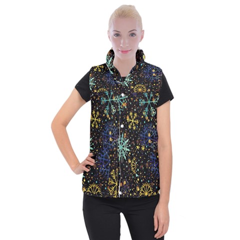 Gold Teal Snowflakes Gold Abstract Christmas Women s Button Up Vest from ArtsNow.com