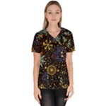 Gold Teal Snowflakes Gold Abstract Christmas Women s V-Neck Scrub Top