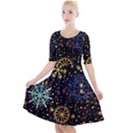 Gold Teal Snowflakes Gold Abstract Christmas Quarter Sleeve A-Line Dress