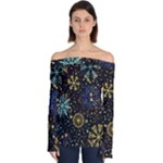 Gold Teal Snowflakes Gold Abstract Christmas Off Shoulder Long Sleeve Top