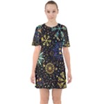 Gold Teal Snowflakes Gold Abstract Christmas Sixties Short Sleeve Mini Dress