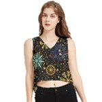 Gold Teal Snowflakes Gold Abstract Christmas V-Neck Cropped Tank Top