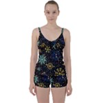 Gold Teal Snowflakes Gold Abstract Christmas Tie Front Two Piece Tankini