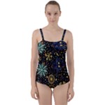 Gold Teal Snowflakes Gold Abstract Christmas Twist Front Tankini Set