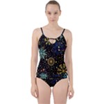 Gold Teal Snowflakes Gold Abstract Christmas Cut Out Top Tankini Set