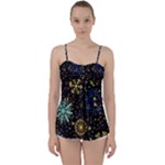 Gold Teal Snowflakes Gold Abstract Christmas Babydoll Tankini Top