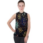 Gold Teal Snowflakes Gold Abstract Christmas Mock Neck Chiffon Sleeveless Top