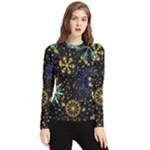 Gold Teal Snowflakes Gold Abstract Christmas Women s Long Sleeve Rash Guard