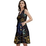 Gold Teal Snowflakes Gold Abstract Christmas Sleeveless V-Neck Skater Dress with Pockets