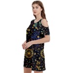 Gold Teal Snowflakes Gold Abstract Christmas Women s Cold Shoulder Round Neck Mini Dress