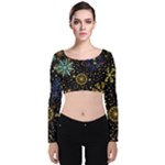 Gold Teal Snowflakes Gold Abstract Christmas Velvet Long Sleeve Crop Top