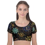 Gold Teal Snowflakes Gold Abstract Christmas Velvet Short Sleeve Crop Top 