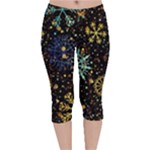 Gold Teal Snowflakes Gold Abstract Christmas Velvet Capri Leggings 