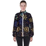 Gold Teal Snowflakes Gold Abstract Christmas Women s High Neck Windbreaker