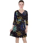 Gold Teal Snowflakes Gold Abstract Christmas Quarter Sleeve Ruffle Waist Dress