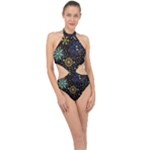 Gold Teal Snowflakes Gold Abstract Christmas Halter Side Cut Swimsuit