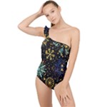 Gold Teal Snowflakes Gold Abstract Christmas Frilly One Shoulder Swimsuit