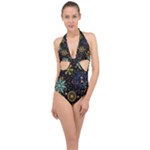 Gold Teal Snowflakes Gold Abstract Christmas Halter Front Plunge Swimsuit