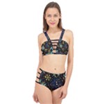 Gold Teal Snowflakes Gold Abstract Christmas Cage Up Bikini Set