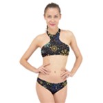 Gold Teal Snowflakes Gold Abstract Christmas High Neck Bikini Set