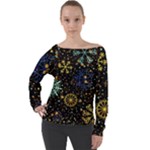 Gold Teal Snowflakes Gold Abstract Christmas Off Shoulder Long Sleeve Velour Top