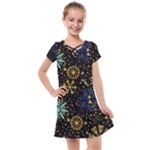 Gold Teal Snowflakes Gold Abstract Christmas Kids  Cross Web Dress