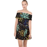 Gold Teal Snowflakes Gold Abstract Christmas Off Shoulder Chiffon Dress