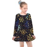 Gold Teal Snowflakes Gold Abstract Christmas Kids  Long Sleeve Dress