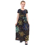 Gold Teal Snowflakes Gold Abstract Christmas Kids  Short Sleeve Maxi Dress