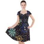 Gold Teal Snowflakes Gold Abstract Christmas Cap Sleeve Midi Dress