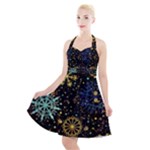 Gold Teal Snowflakes Gold Abstract Christmas Halter Party Swing Dress 