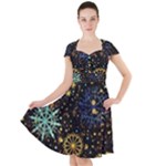 Gold Teal Snowflakes Gold Abstract Christmas Cap Sleeve Midi Dress With Pockets