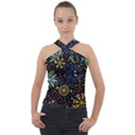 Gold Teal Snowflakes Gold Abstract Christmas Cross Neck Velour Top