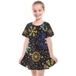 Gold Teal Snowflakes Gold Abstract Christmas Kids  Smock Dress