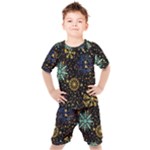 Gold Teal Snowflakes Gold Abstract Christmas Kids  T-Shirt and Shorts Set