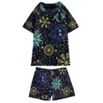 Gold Teal Snowflakes Gold Abstract Christmas Kids  Swim T-Shirt and Shorts Set