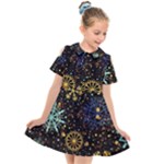 Gold Teal Snowflakes Gold Abstract Christmas Kids  Short Sleeve Shirt Dress