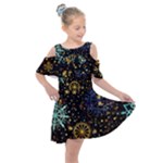 Gold Teal Snowflakes Gold Abstract Christmas Kids  Shoulder Cutout Chiffon Dress